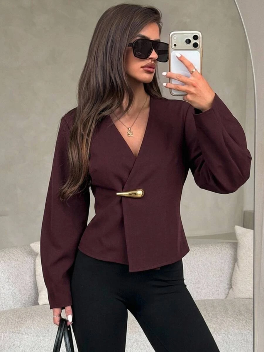 Aloruh Women's Solid Color V-Neck Casual Elegant Versatile Daily Long Sleeve Jacket,New Fall Styles Autumn Outfit For Women Dinner Office Date Night Burgundy - Coffee Brown - View 1