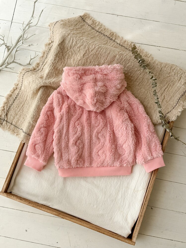 Cozy Pixies Baby Girl Baby Girl Casual Daily Comfortable Cartoon Bear Pattern Patch Hooded Fleece Pullover Long Sleeve Sweatshirt, Street Vintage Style, Relaxed And Comfortable, Children Autumn/Winter Layering, Sports Sweatshirt, Casual Outing Sweatshirt - Pink - View 2