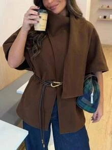 Aloruh Brown Overcoat With Leather Belt Waist Cinched Slimming Autumn/Winter Outfit,New Fall Styles Cape Coat - Coffee Brown - View 7
