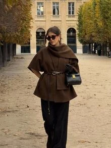 Aloruh Brown Overcoat With Leather Belt Waist Cinched Slimming Autumn/Winter Outfit,New Fall Styles Cape Coat - Coffee Brown - View 6