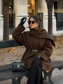 Aloruh Brown Overcoat With Leather Belt Waist Cinched Slimming Autumn/Winter Outfit,New Fall Styles Cape Coat - Coffee Brown - View 4