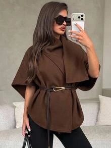 Aloruh Brown Overcoat With Leather Belt Waist Cinched Slimming Autumn/Winter Outfit,New Fall Styles Cape Coat - Coffee Brown - View 1