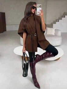 Aloruh Brown Overcoat With Leather Belt Waist Cinched Slimming Autumn/Winter Outfit,New Fall Styles Cape Coat - Coffee Brown - View 5