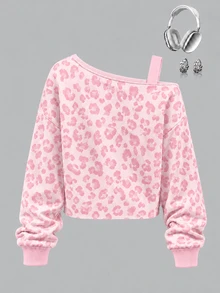 Tween Girls Digital Print Diagonal Shoulder Strap Fashion Sweatshirt, Suitable For Autumn/Winter, Casual And Comfortable, Fashionable Casual Wear, Graphic Design, Style, Suitable For Outings, Outdoor Sports, Back To School, Autumn, Back To School Party - Grey - View 2