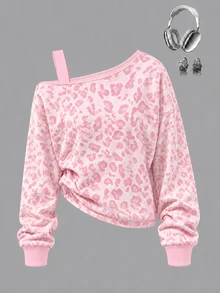 Tween Girls Digital Print Diagonal Shoulder Strap Fashion Sweatshirt, Suitable For Autumn/Winter, Casual And Comfortable, Fashionable Casual Wear, Graphic Design, Style, Suitable For Outings, Outdoor Sports, Back To School, Autumn, Back To School Party - Grey - View 1