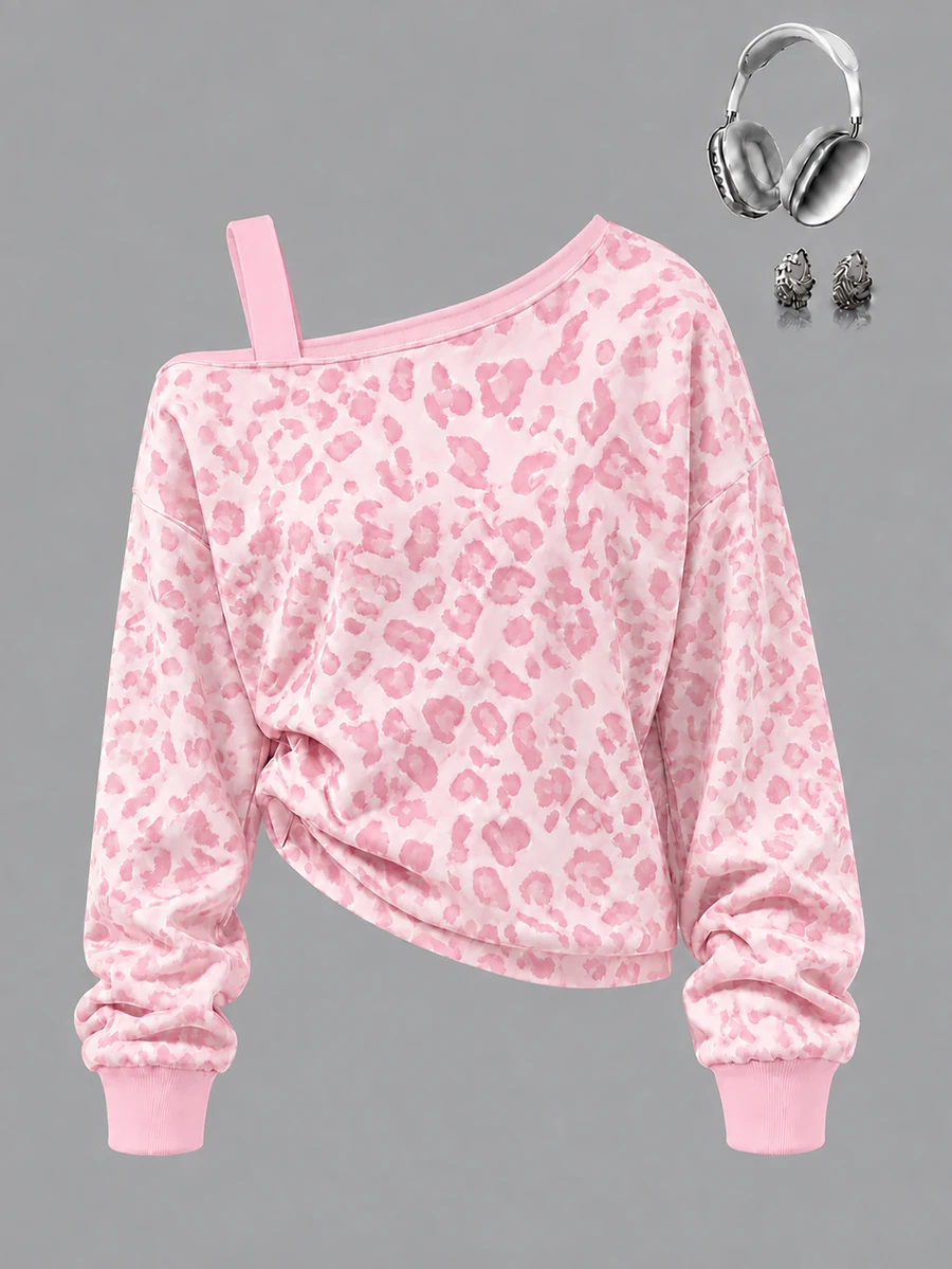 Tween Girls Digital Print Diagonal Shoulder Strap Fashion Sweatshirt, Suitable For Autumn/Winter, Casual And Comfortable, Fashionable Casual Wear, Graphic Design, Style, Suitable For Outings, Outdoor Sports, Back To School, Autumn, Back To School Party - Grey - View 1