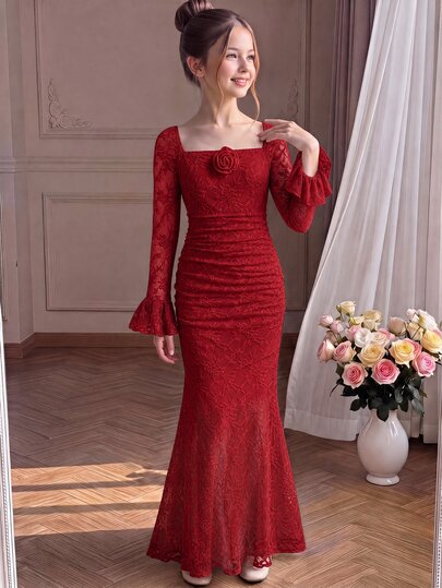 Pitira Kids Tween Girls Autumn Red Tween Girl Lace Jacquard Long-Sleeve Dress Featuring 3D Floral , A Hem,Back To School ,Party