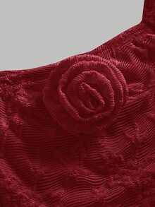 Pitira 兒童青少年女孩秋季紅色蕾絲提花長袖洋裝，3D花朵設計，A字裙襬，開學季派對穿搭 - 酒紅色 - 查看 4