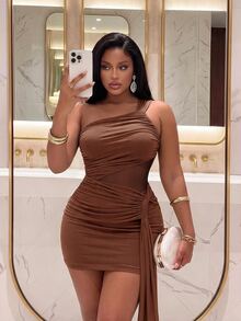 Slaydiva Plus Size Women Solid Color One Shoulder Sleeveless Ruched Ribbon Design Slim Fit Fashion Dress - Rust Brown - View 7