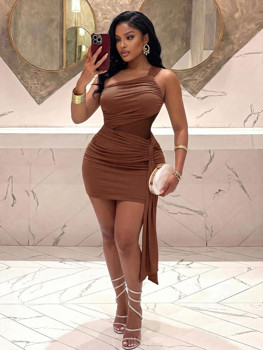 Slaydiva Plus Size Women Solid Color One Shoulder Sleeveless Ruched Ribbon Design Slim Fit Fashion Dress - Rust Brown - View 1