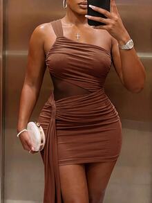 Slaydiva Plus Size Women Solid Color One Shoulder Sleeveless Ruched Ribbon Design Slim Fit Fashion Dress - Rust Brown - View 8