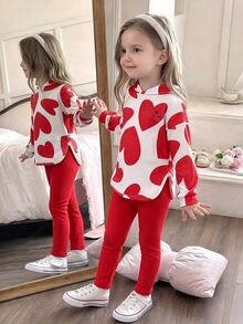SHEIN Playful Pals 女童愛心印花連帽上衣＋羅紋內搭褲 2件套，甜美愛心印花休閒日常穿搭，7歲生日白色秋季款 - 紅色 - 查看 1