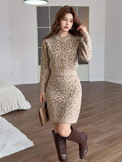 Feyla Conjunto de 2 piezas de suéter para mujer, atuendo de jacquard con estampado de leopardo dulce