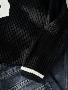 SHEIN 青少年女孩黑色大廓形提花粗針織秋季毛衣，星星貼布設計，校園街頭風上衣，冬季套頭休閒舒適秋季穿搭 - 黑色 - 查看 5