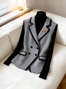 LUMIGAL Women's Striped Colorblock Button Knit Vest Cardigan - Grey - View 4