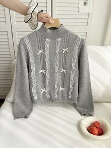 Tween Girl Contrast Lace Bow Decor Long Sleeve Sweater Winter - Light Grey - View 5