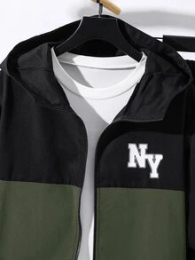 SHEIN 2pcs/Set Teen Boy Casual Sports Graphic Contrast Color Hoodie Jacket And Pants Set,Autumn/Winter - Army Green - View 5