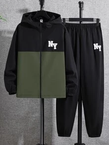 SHEIN 2pcs/Set Teen Boy Casual Sports Graphic Contrast Color Hoodie Jacket And Pants Set,Autumn/Winter - Army Green - View 2