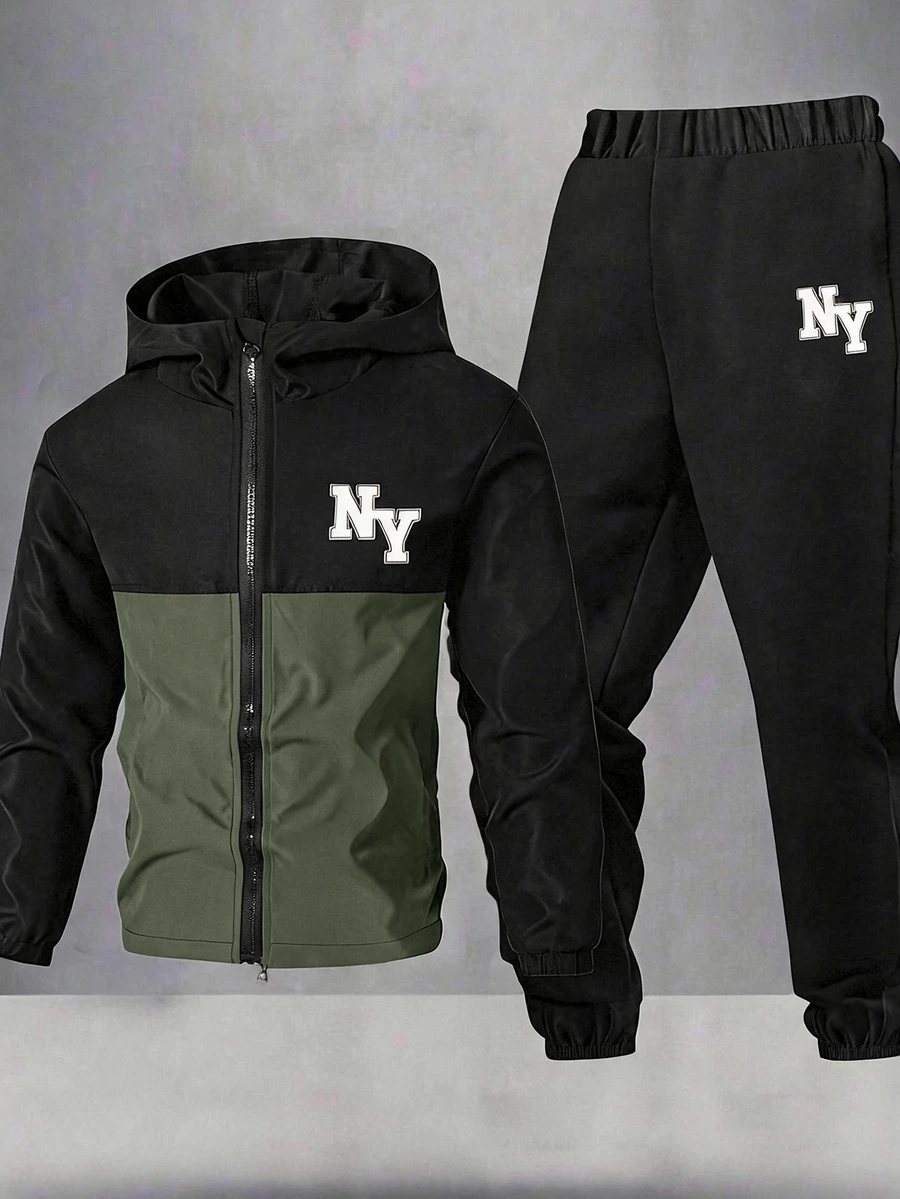SHEIN 2pcs/Set Teen Boy Casual Sports Graphic Contrast Color Hoodie Jacket And Pants Set,Autumn/Winter - Army Green - View 1