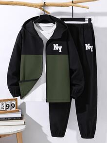 SHEIN 2pcs/Set Teen Boy Casual Sports Graphic Contrast Color Hoodie Jacket And Pants Set,Autumn/Winter - Army Green - View 4