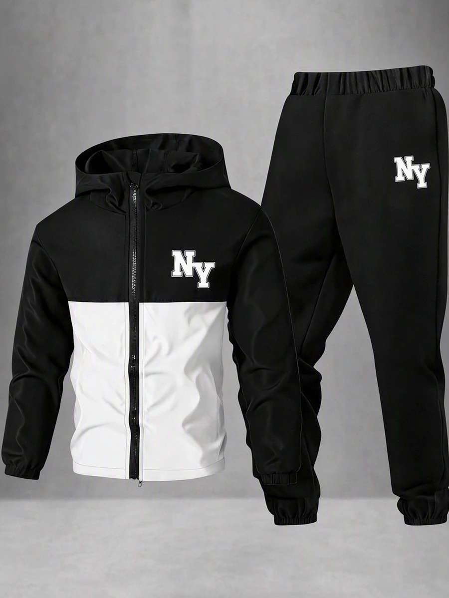 SHEIN 2pcs/Set Teen Boy Casual Sports Graphic Contrast Color Hoodie Jacket And Pants Set,Autumn/Winter - Black and White - View 1