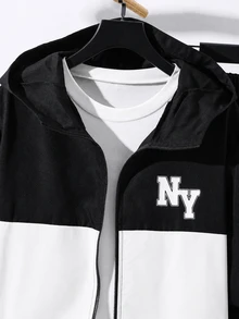 SHEIN 2pcs/Set Teen Boy Casual Sports Graphic Contrast Color Hoodie Jacket And Pants Set,Autumn/Winter - Black and White - View 5