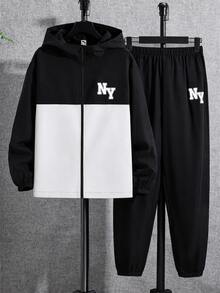 SHEIN 2pcs/Set Teen Boy Casual Sports Graphic Contrast Color Hoodie Jacket And Pants Set,Autumn/Winter - Black and White - View 2