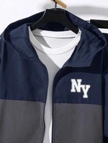 SHEIN 2pcs/Set Teen Boy Casual Sports Graphic Contrast Color Hoodie Jacket And Pants Set,Autumn/Winter - Navy Blue - View 5