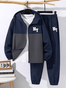 SHEIN 2pcs/Set Teen Boy Casual Sports Graphic Contrast Color Hoodie Jacket And Pants Set,Autumn/Winter - Navy Blue - View 4