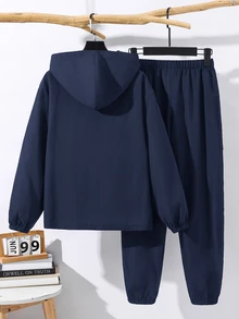 SHEIN 2pcs/Set Teen Boy Casual Sports Graphic Contrast Color Hoodie Jacket And Pants Set,Autumn/Winter - Navy Blue - View 3