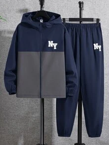 SHEIN 2pcs/Set Teen Boy Casual Sports Graphic Contrast Color Hoodie Jacket And Pants Set,Autumn/Winter - Navy Blue - View 2