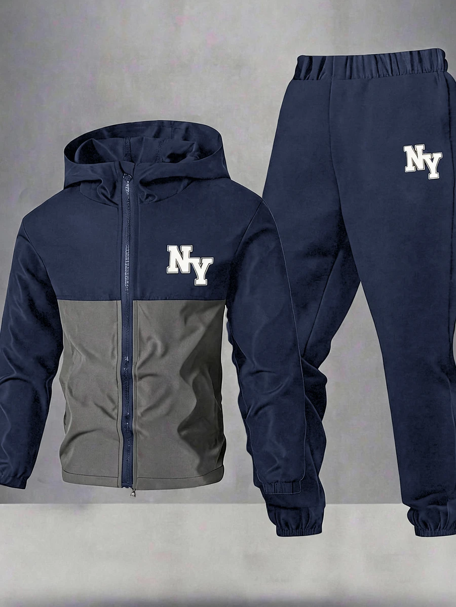 SHEIN 2pcs/Set Teen Boy Casual Sports Graphic Contrast Color Hoodie Jacket And Pants Set,Autumn/Winter - Navy Blue - View 1