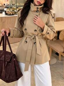 SHEIN PariChic Intage Women Short Windproof Trench Coat Stand Collar Epaulet Belted Waist Jacket Fall Winter Offic - Khaki - View 1