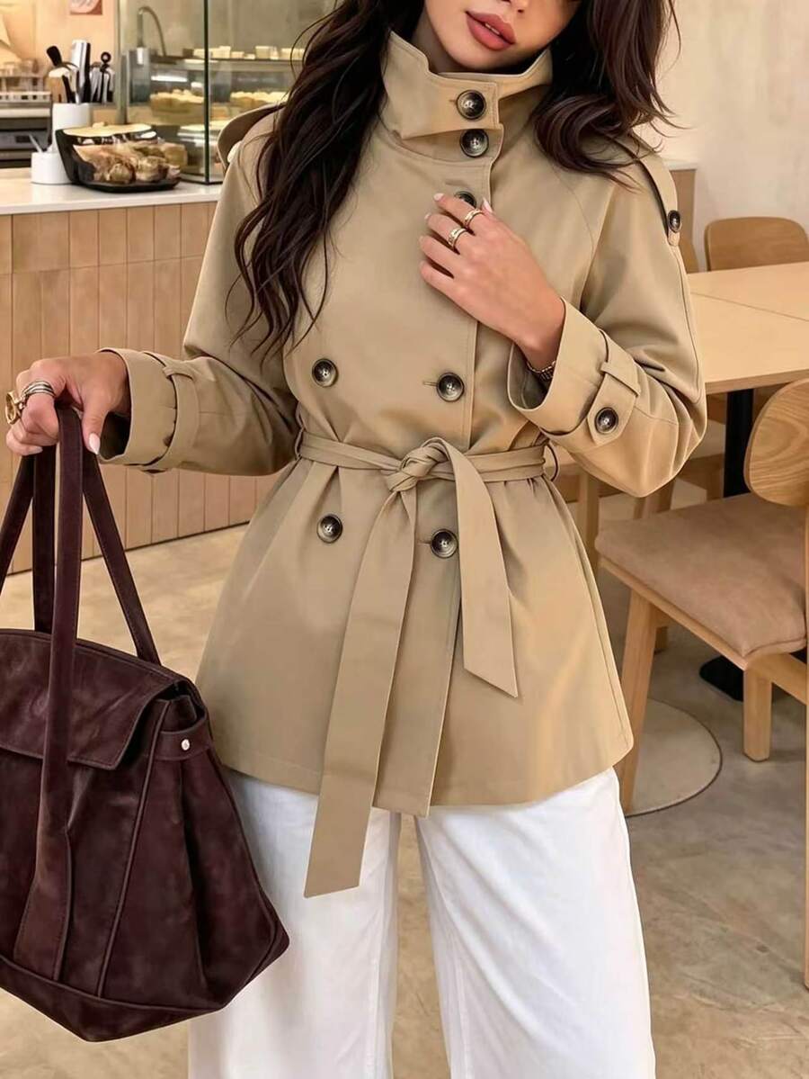 SHEIN PariChic Intage Women Short Windproof Trench Coat Stand Collar Epaulet Belted Waist Jacket Fall Winter Offic - Khaki - View 1
