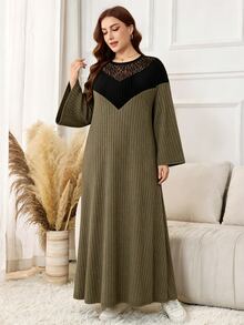 Lacomfia Plus Size Women's Colorblock Patchwork Ribbed Long Dress, V-Neck Sheer Rose Lace Design, Black & Green Contrast Round Neck Long Sleeve Loose A-Line Dress, Elastic Vertical Ribbed Fabric, Soft Skin-Friendly, Hip-Covering Flattering Fit For Plus Size, Minimalist Casual Elegant Style, Versatile For Daily Wear, Home, Commute, And Outings, Slimming Drape - Army Green - View 5