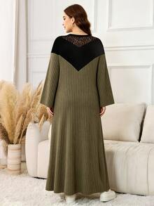 Lacomfia Plus Size Women's Colorblock Patchwork Ribbed Long Dress, V-Neck Sheer Rose Lace Design, Black & Green Contrast Round Neck Long Sleeve Loose A-Line Dress, Elastic Vertical Ribbed Fabric, Soft Skin-Friendly, Hip-Covering Flattering Fit For Plus Size, Minimalist Casual Elegant Style, Versatile For Daily Wear, Home, Commute, And Outings, Slimming Drape - Army Green - View 2