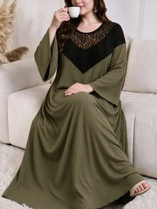 Lacomfia Plus Size Women's Colorblock Patchwork Ribbed Long Dress, V-Neck Sheer Rose Lace Design, Black & Green Contrast Round Neck Long Sleeve Loose A-Line Dress, Elastic Vertical Ribbed Fabric, Soft Skin-Friendly, Hip-Covering Flattering Fit For Plus Size, Minimalist Casual Elegant Style, Versatile For Daily Wear, Home, Commute, And Outings, Slimming Drape - Army Green - View 1