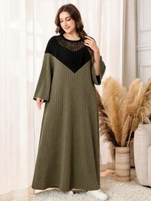 Lacomfia Plus Size Women's Colorblock Patchwork Ribbed Long Dress, V-Neck Sheer Rose Lace Design, Black & Green Contrast Round Neck Long Sleeve Loose A-Line Dress, Elastic Vertical Ribbed Fabric, Soft Skin-Friendly, Hip-Covering Flattering Fit For Plus Size, Minimalist Casual Elegant Style, Versatile For Daily Wear, Home, Commute, And Outings, Slimming Drape - Army Green - View 6