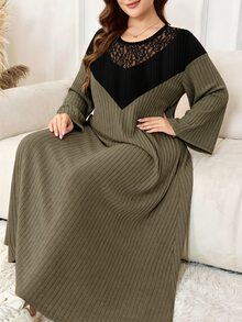 Lacomfia Plus Size Women's Colorblock Patchwork Ribbed Long Dress, V-Neck Sheer Rose Lace Design, Black & Green Contrast Round Neck Long Sleeve Loose A-Line Dress, Elastic Vertical Ribbed Fabric, Soft Skin-Friendly, Hip-Covering Flattering Fit For Plus Size, Minimalist Casual Elegant Style, Versatile For Daily Wear, Home, Commute, And Outings, Slimming Drape - Army Green - View 3