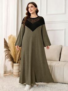 Lacomfia Plus Size Women's Colorblock Patchwork Ribbed Long Dress, V-Neck Sheer Rose Lace Design, Black & Green Contrast Round Neck Long Sleeve Loose A-Line Dress, Elastic Vertical Ribbed Fabric, Soft Skin-Friendly, Hip-Covering Flattering Fit For Plus Size, Minimalist Casual Elegant Style, Versatile For Daily Wear, Home, Commute, And Outings, Slimming Drape - Army Green - View 4