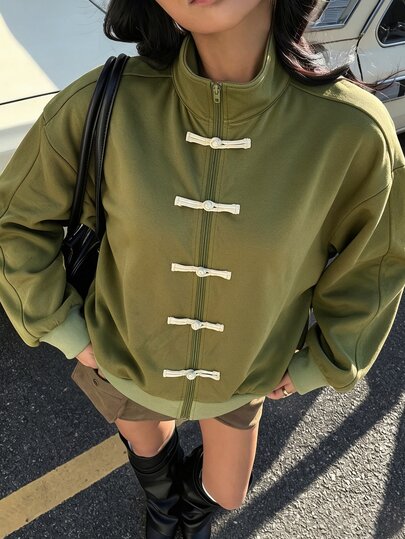 valorelle valorelle New Chinese Style Frog Button Stand Collar Short Sweatshirt Jacket For Women, Vintage Chinese Style Zipper Sweatshirt Loose Drop Shoulder Streetwear Top