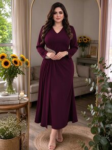 Modelyn Plus Size V-Neck Long Sleeve Dress, Classic Wrap V-Neck Design To Optimize Neckline, Twisted Waist Cinched Cut With Exquisite Rhinestone Applique To Highlight Waistline, 3D Ruched Detail To Cleverly Conceal Tummy, Asymmetrical Draped Hem For Fluid Movement, High Elasticity Skin-Friendly Fabric, Comfortable And Inclusive Dress - Red Violet - View 5