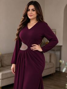 Modelyn Plus Size V-Neck Long Sleeve Dress, Classic Wrap V-Neck Design To Optimize Neckline, Twisted Waist Cinched Cut With Exquisite Rhinestone Applique To Highlight Waistline, 3D Ruched Detail To Cleverly Conceal Tummy, Asymmetrical Draped Hem For Fluid Movement, High Elasticity Skin-Friendly Fabric, Comfortable And Inclusive Dress - Red Violet - View 4