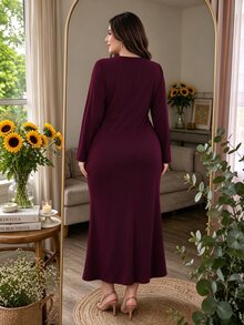 Modelyn Plus Size V-Neck Long Sleeve Dress, Classic Wrap V-Neck Design To Optimize Neckline, Twisted Waist Cinched Cut With Exquisite Rhinestone Applique To Highlight Waistline, 3D Ruched Detail To Cleverly Conceal Tummy, Asymmetrical Draped Hem For Fluid Movement, High Elasticity Skin-Friendly Fabric, Comfortable And Inclusive Dress - Red Violet - View 2