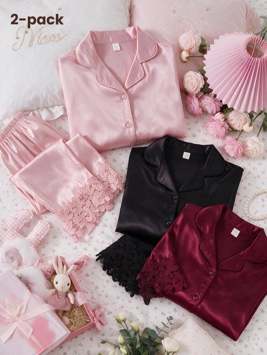 Premium Comfortable Solid Color Women's Long Sleeve Pajama Top And Pants 2 Pieces Set Loungewear - Black - View 1