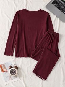 2件組女孩青少年居家服長袖上衣，鏤空印花設計，全幅數位印花牛奶絲面料舒適睡衣 - 酒紅色 - 查看 2