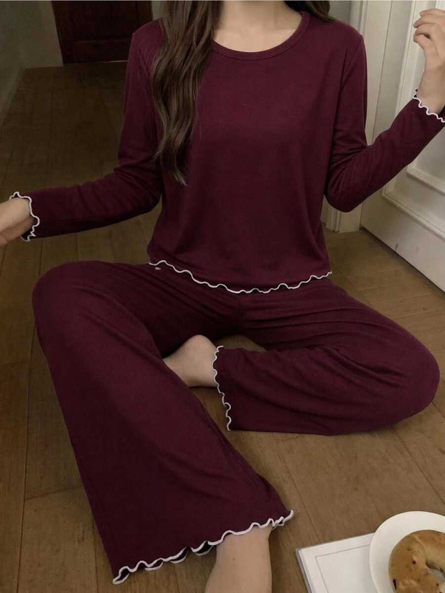2件組女孩青少年居家服長袖上衣,鏤空印花設計,全幅數位印花牛奶絲面料舒適睡衣 - 酒紅色 - 查看 1