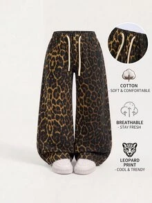 女童豹紋抽繩腰寬腿牛仔褲 秋季 嬰兒藍 - 棕色 - 查看 10