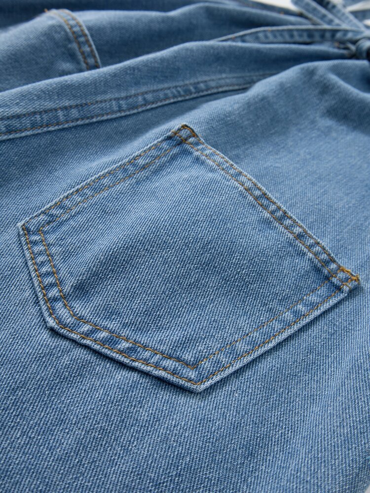 SHEIN Genkimix Kids Tween Girl Denim Overalls Long Pants, Soft Cotton Casual, Fashionable, Versatile, Comfortable, Minimalist, Spaghetti Strap Cross Back Design With Detachable Large Bow Tie, Loose Straight Leg Fit, Medium Blue Washed Denim Overalls And Jumpsuit Suitable For Daily Wear And Vacation - Medium Wash - View 8