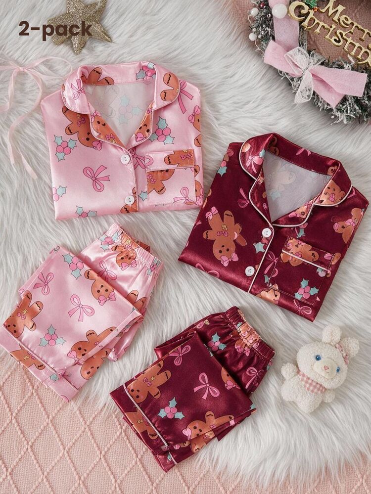 Young Girl Autumn/Winter Christmas Pajamas 2pcs Gingerbread Man Satin Button Long Sleeve Pants Lapel Print Girls - Multicolor - View 8
